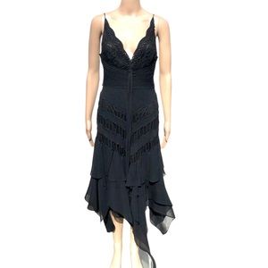 Nina Austin black dress with layered chiffon, crochet and other accents Sz s